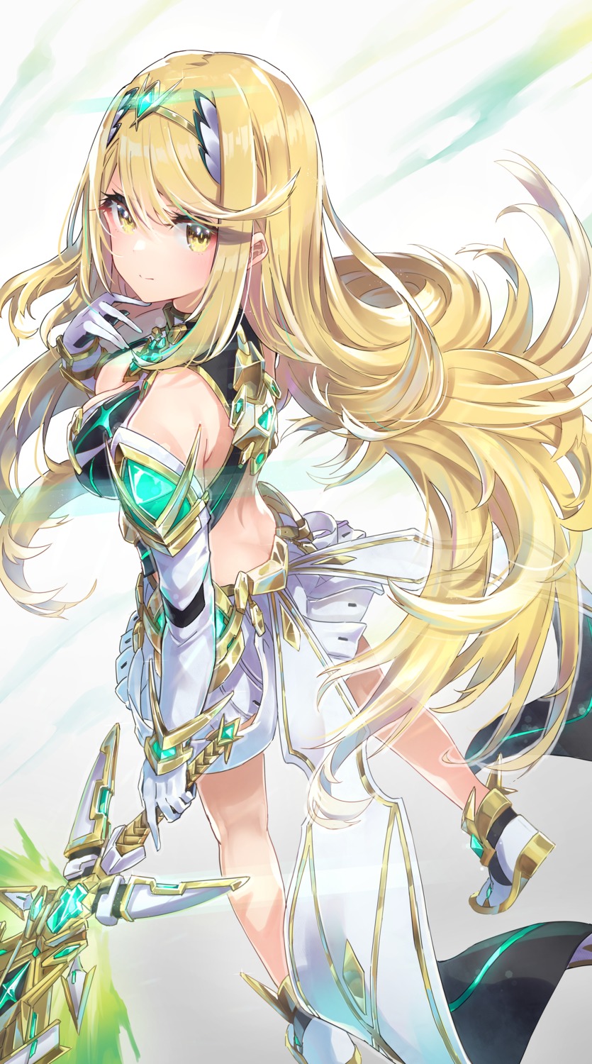 cleavage, dress, garter, hatsuga_(dmaigmai), hikari_(xenoblade_2), sword, xenoblade_(series), xenoblade_2