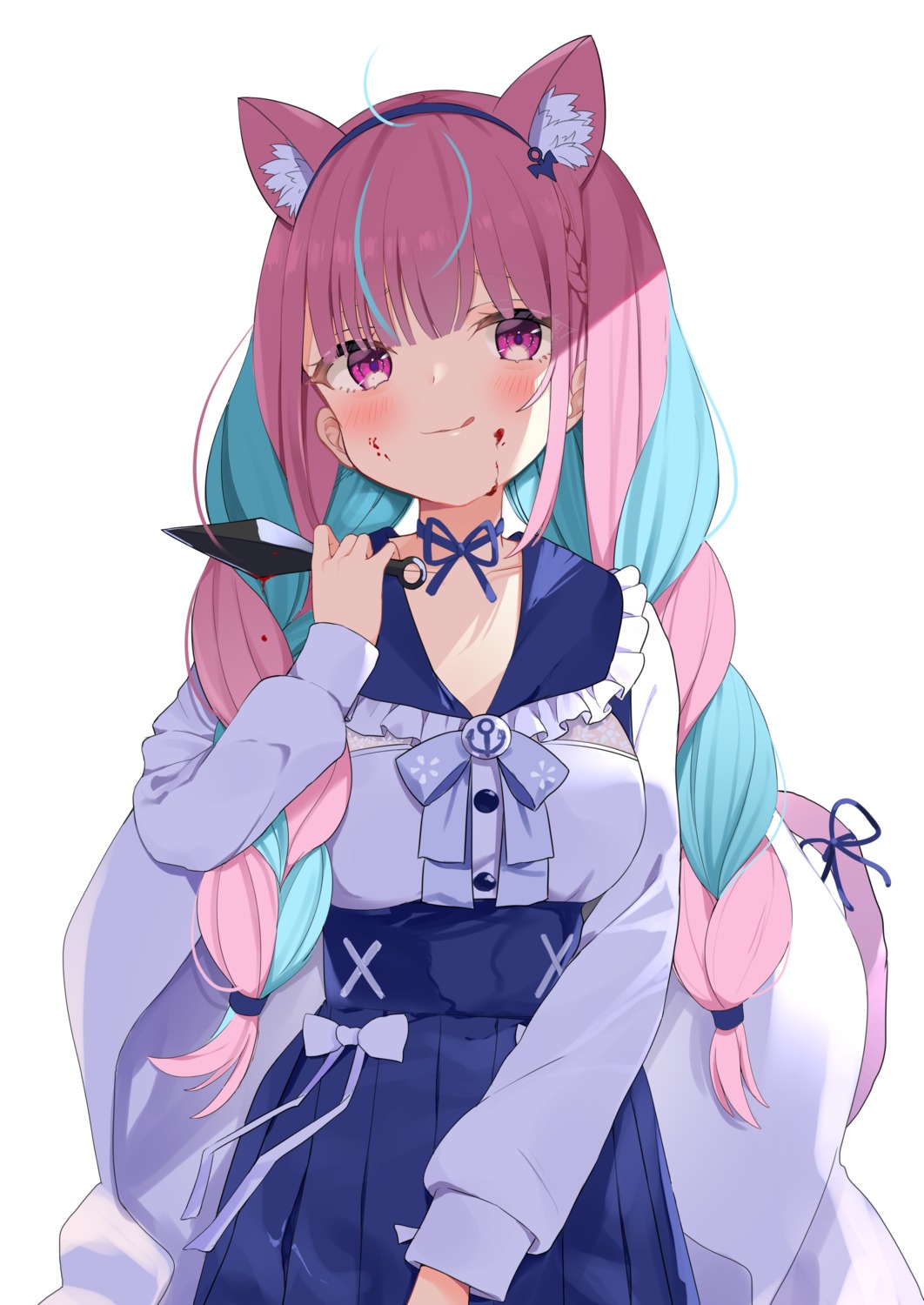 agaki_anko, animal_ears, blood, hololive, minato_aqua, nekomimi, seifuku, tail