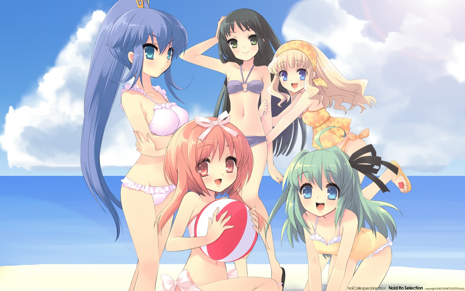 akihime_sumomo, bikini, breast_hold, ito_noizi, koiwai_flora, nanatsuiro_drops, satsuki_julirsia, swimsuits