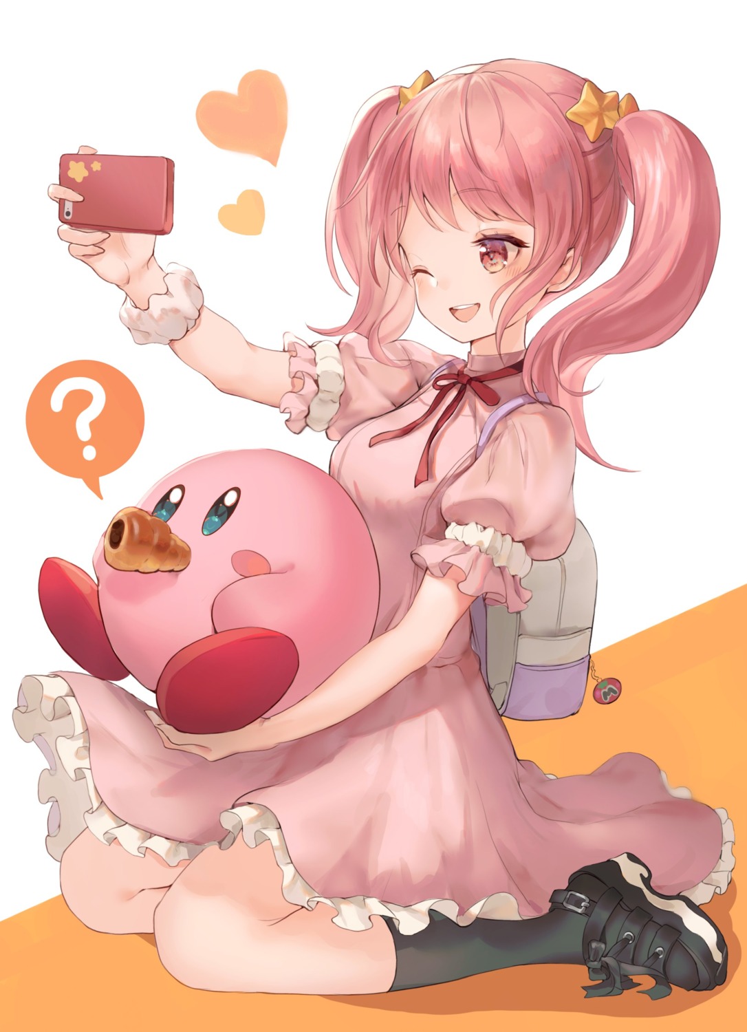 bang_dream!, dress, kirby, kirby_(character), maruyama_aya, nogi_momoko, selfie, skirt_lift