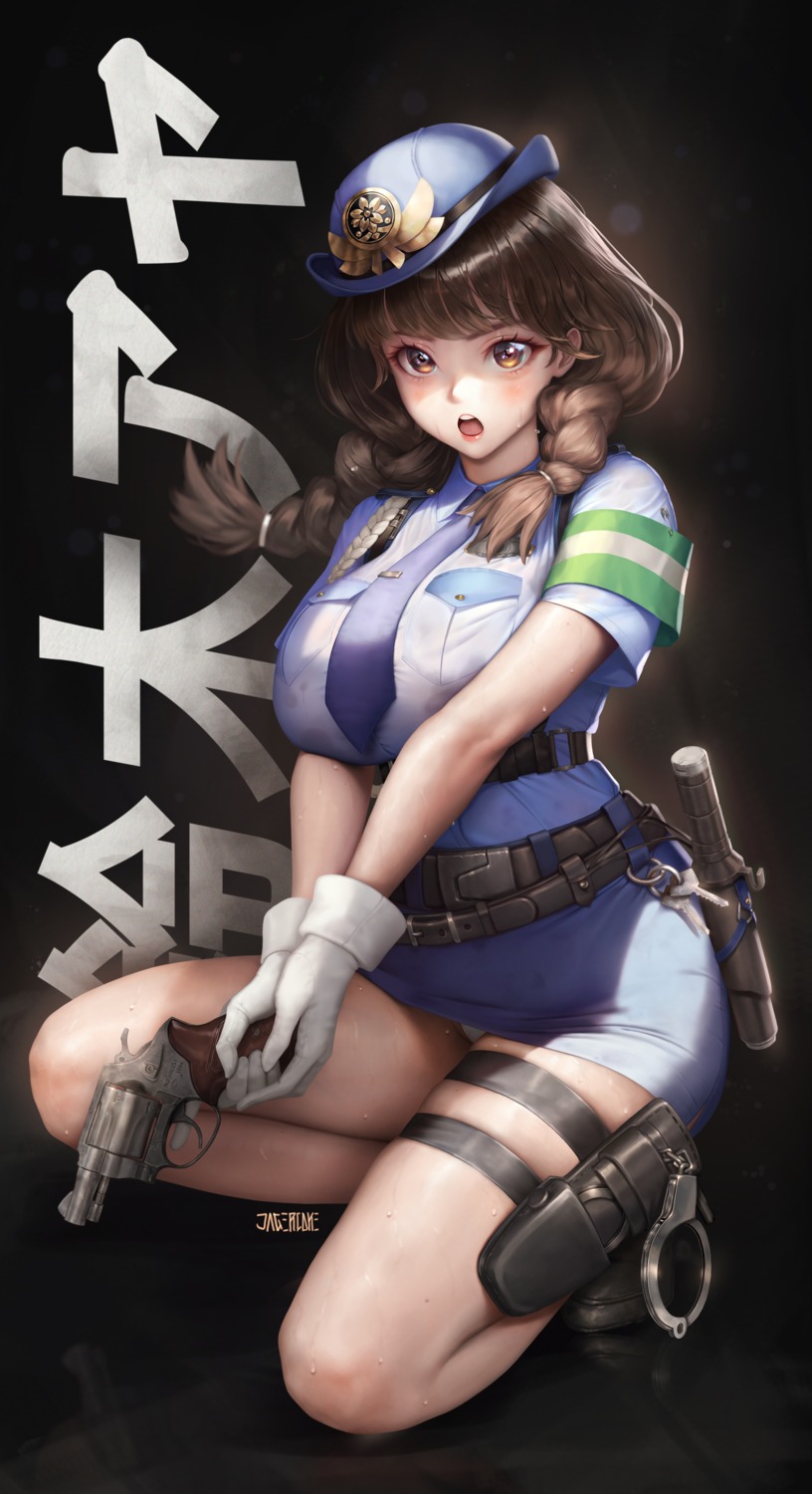 black_survival, garter, gun, jagercoke, pantsu, police_uniform, skirt_lift, suzuki_aya