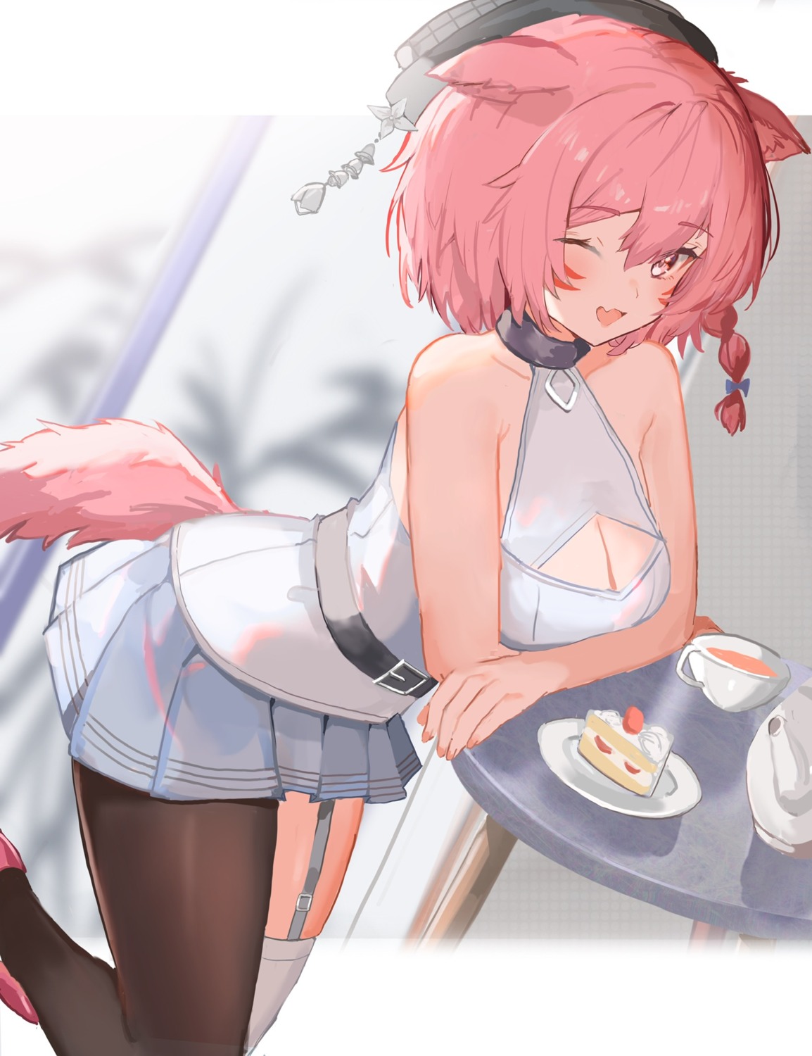 animal_ears, cleavage, nekomimi, sorotu, stockings, tail, thighhighs