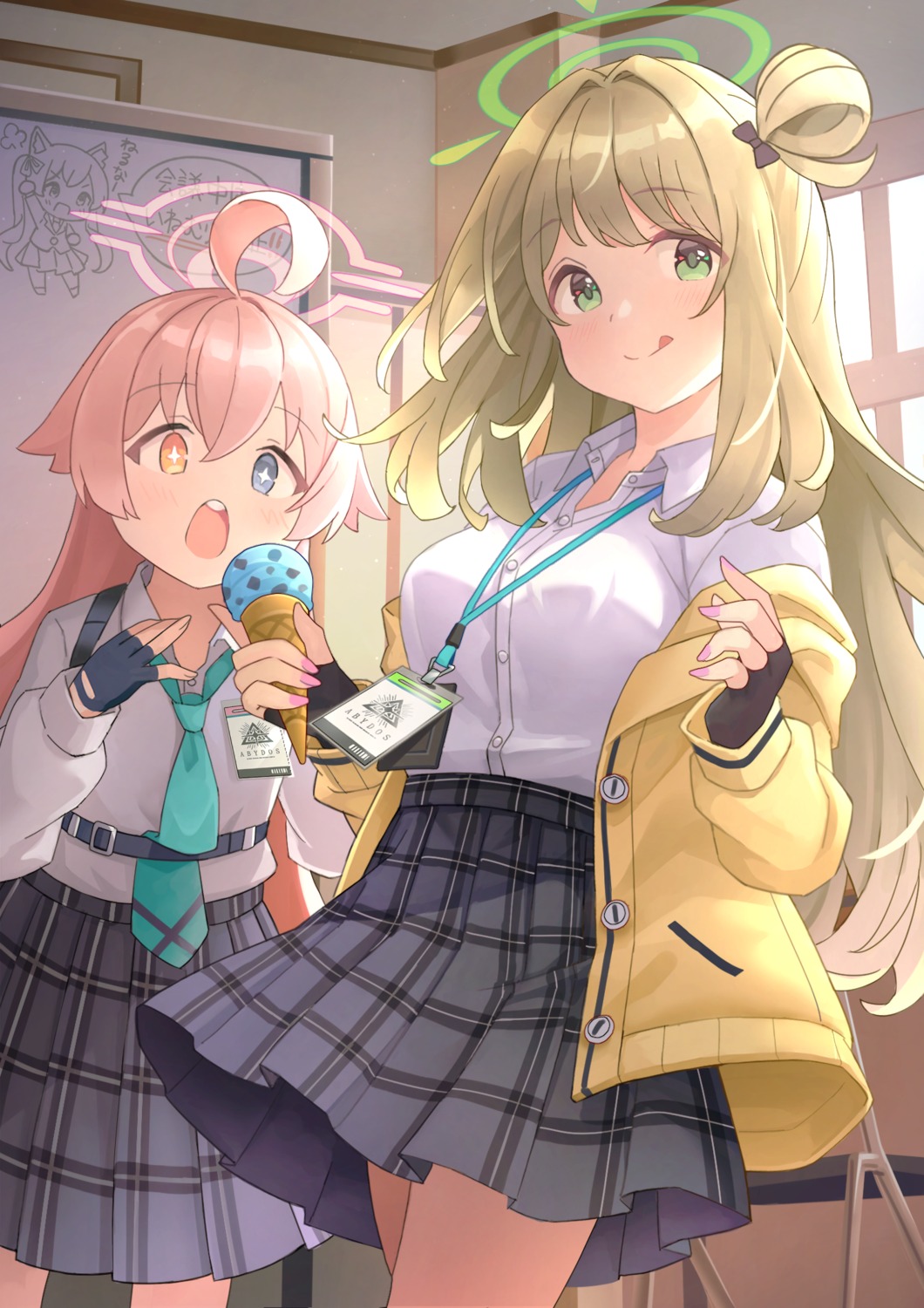 blue_archive, chibi, halo, heterochromia, izayoi_nonomi, nomio, seifuku, skirt_lift