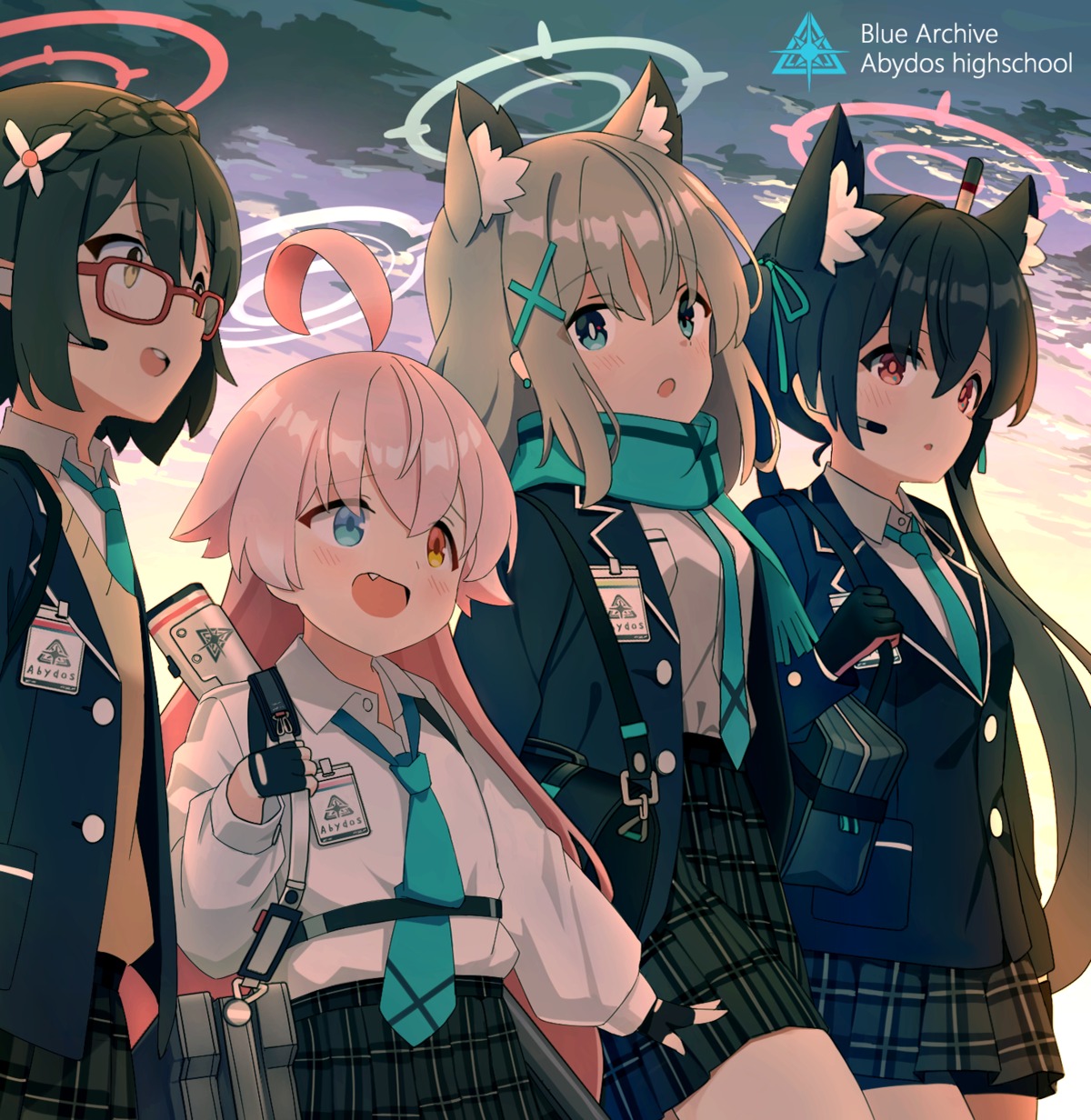 animal_ears, blue_archive, halo, heterochromia, kuromi_serika, megane, nekomimi, nomio, okusora_ayane, seifuku, sunaookami_shiroko, sweater, takanashi_hoshino