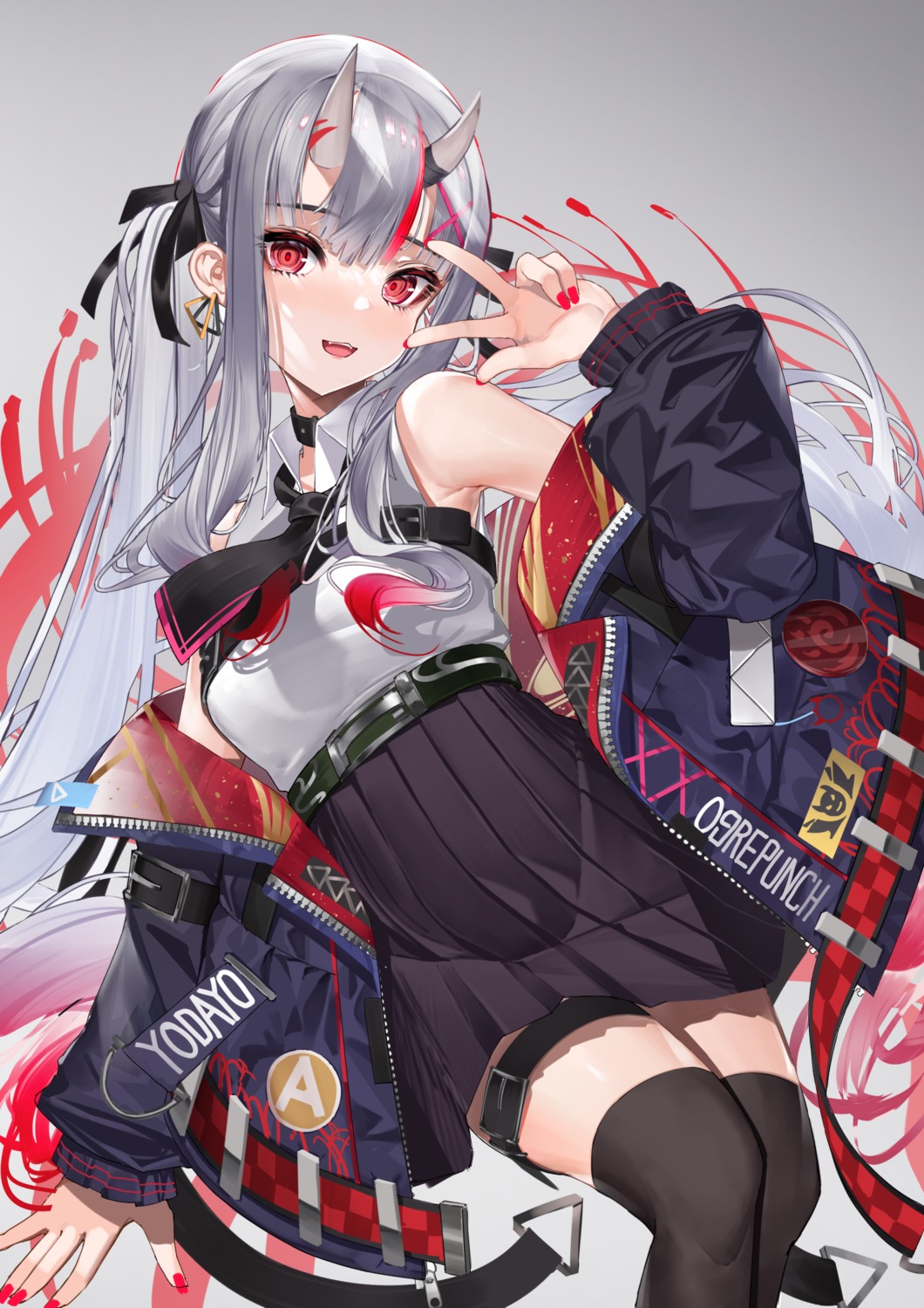 garter, hololive, horns, lamium_(artist), nakiri_ayame, thighhighs