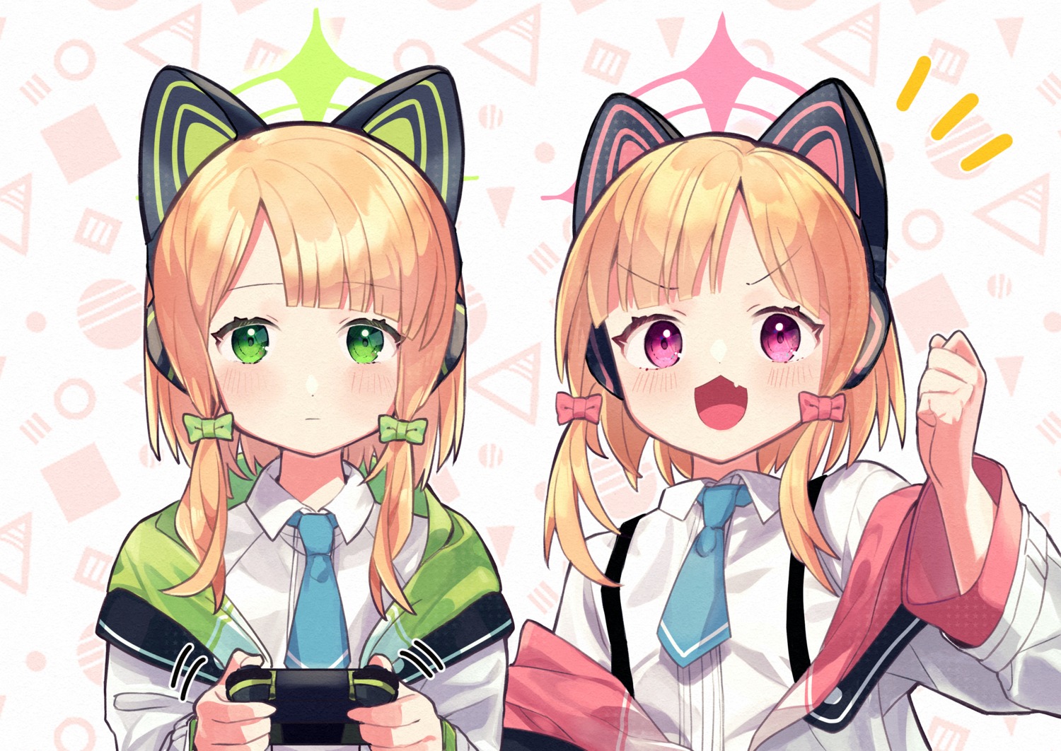 akutaa, animal_ears, blue_archive, halo, headphones, nekomimi, saiba_midori, saiba_momoi