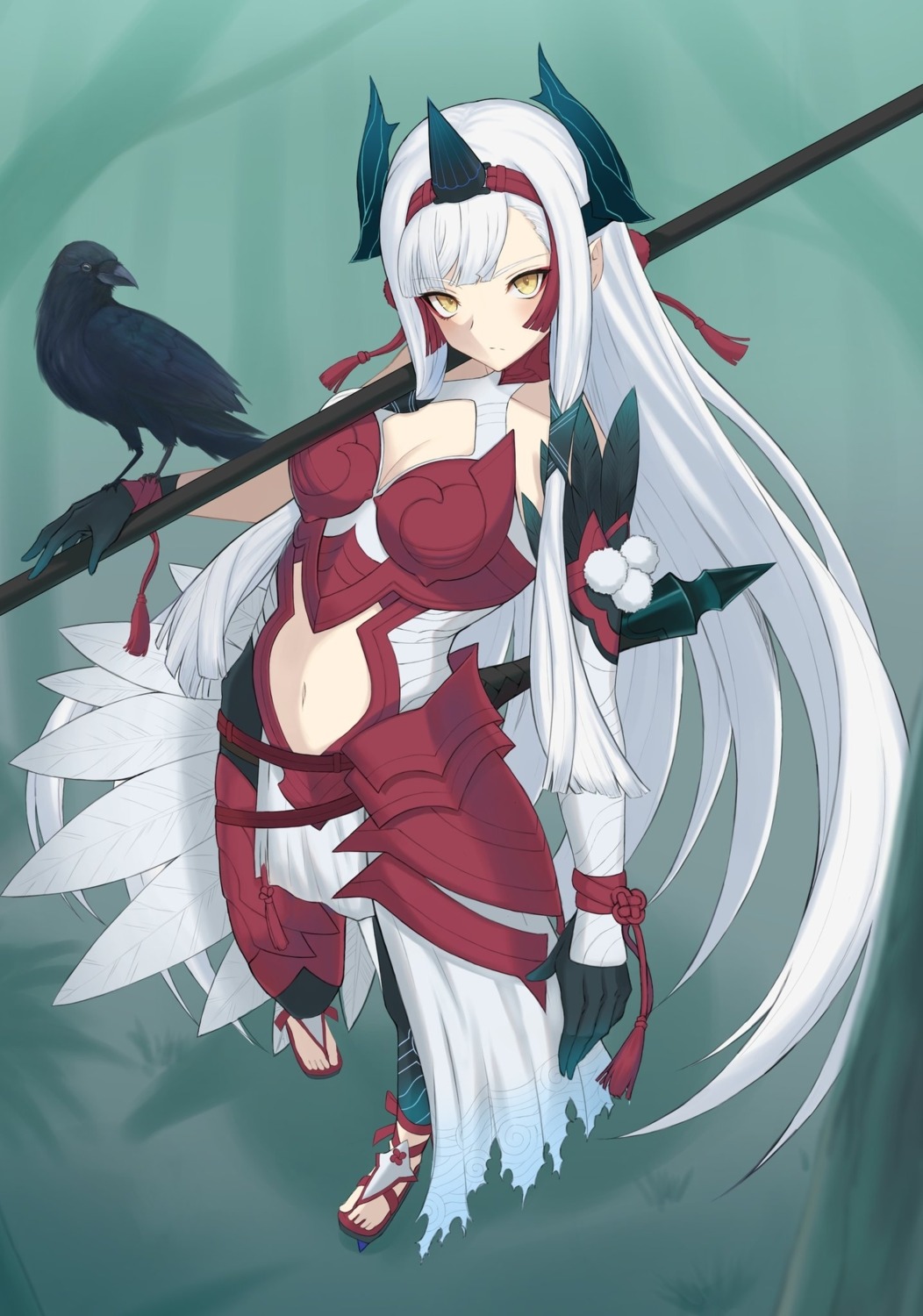 armor, cleavage, fate/grand_order, horns, japanese_clothes, kiichi_hougen_(fate), l4st_resort, weapon
