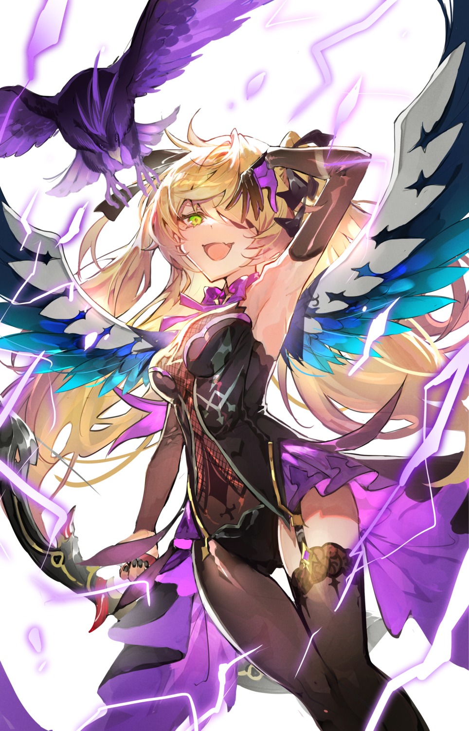 eyepatch, fischl, fishnets, genshin_impact, leotard, mura_karuki, stockings, thighhighs, weapon, wings