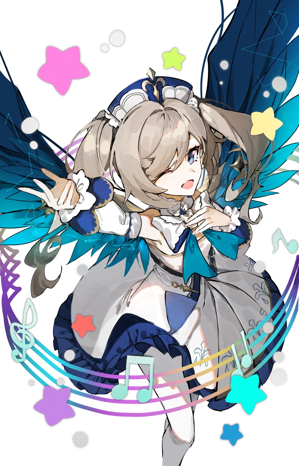 barbara_(genshin_impact), genshin_impact, mura_karuki, pantyhose, skirt_lift, wings