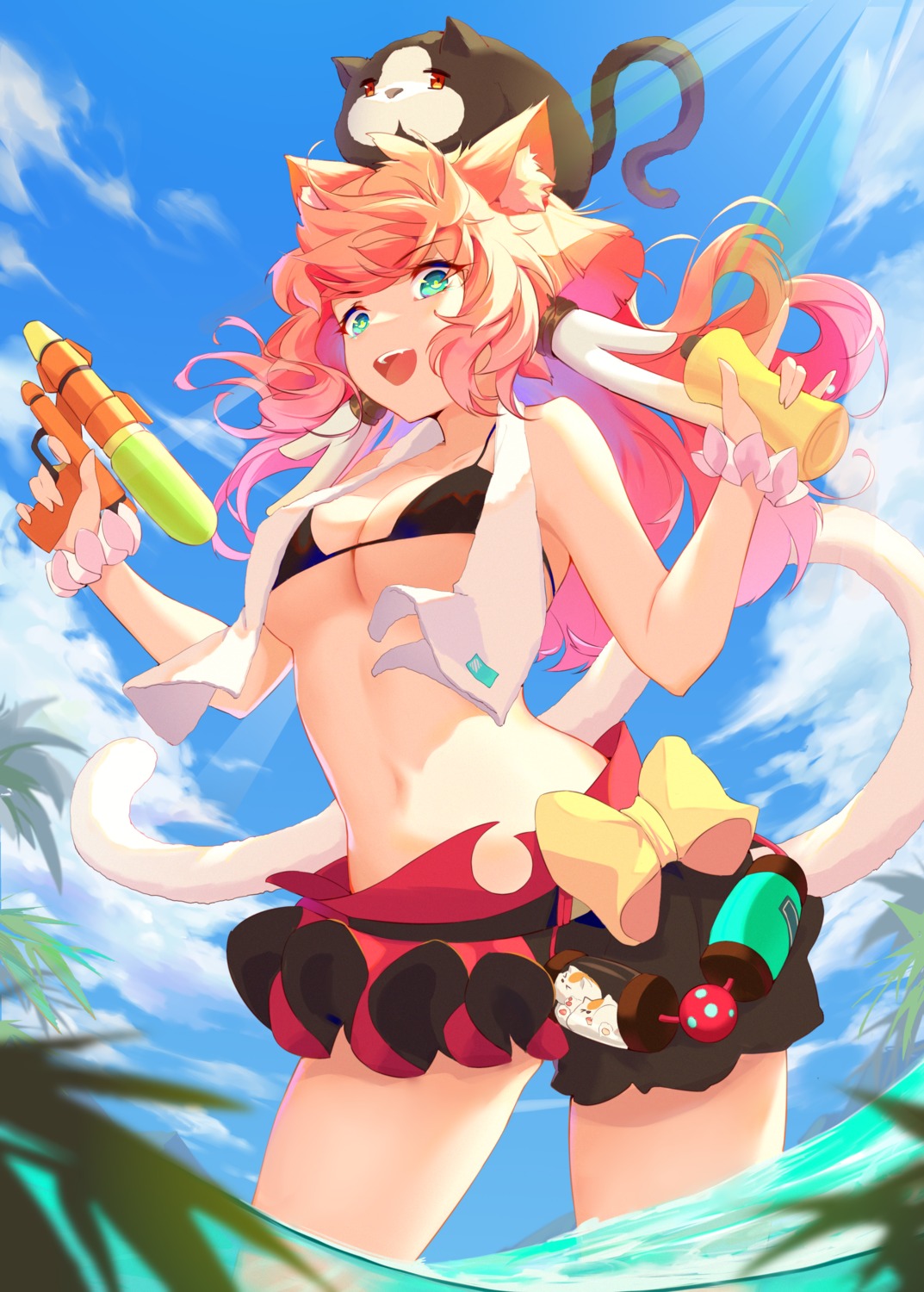 animal_ears, bikini, cooked, gun, neko, nekomimi, open_shirt, swimsuits, tail, wet