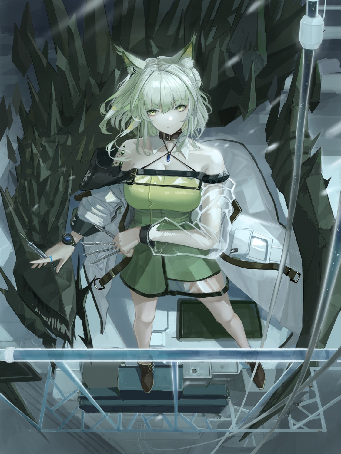animal_ears, arknights, cleavage, kal'tsit_(arknights), lwj, see_through, weapon
