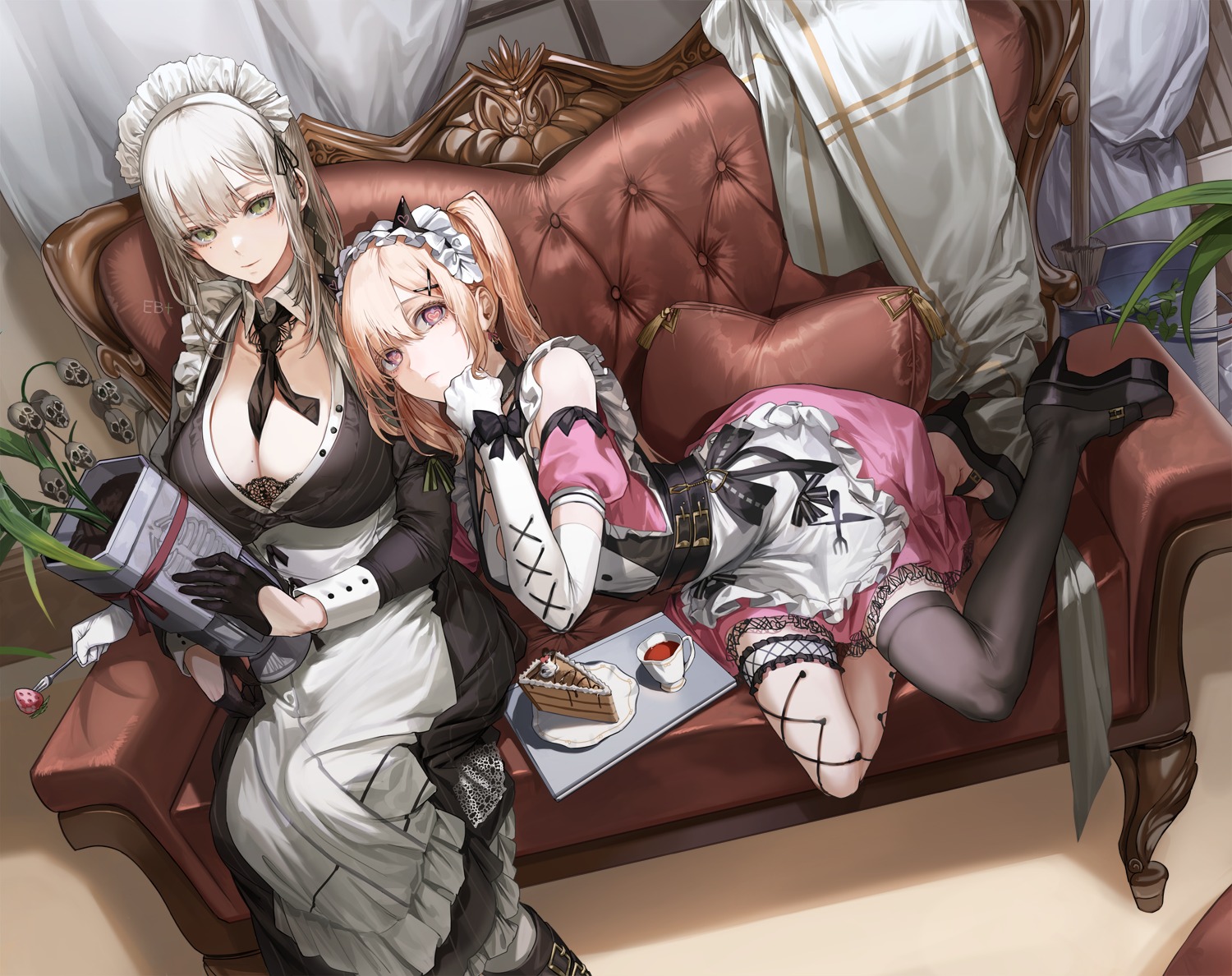 bra, cleavage, garter, heels, kim_eb, maid, open_shirt, thighhighs