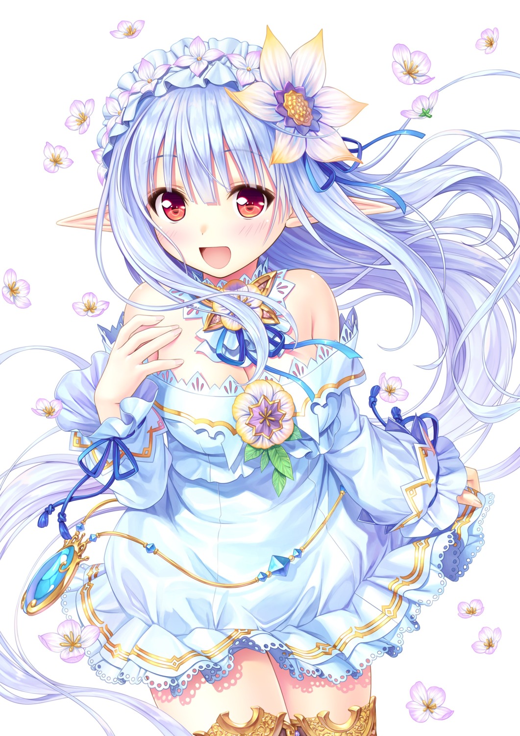 august, dress, iris_mysteria!_~shoujo_no_tsumugu_yume_no_hiseki~, natsuno_io, no_bra, pointy_ears, skirt_lift, thighhighs, yuu_(iris_mysteria!)