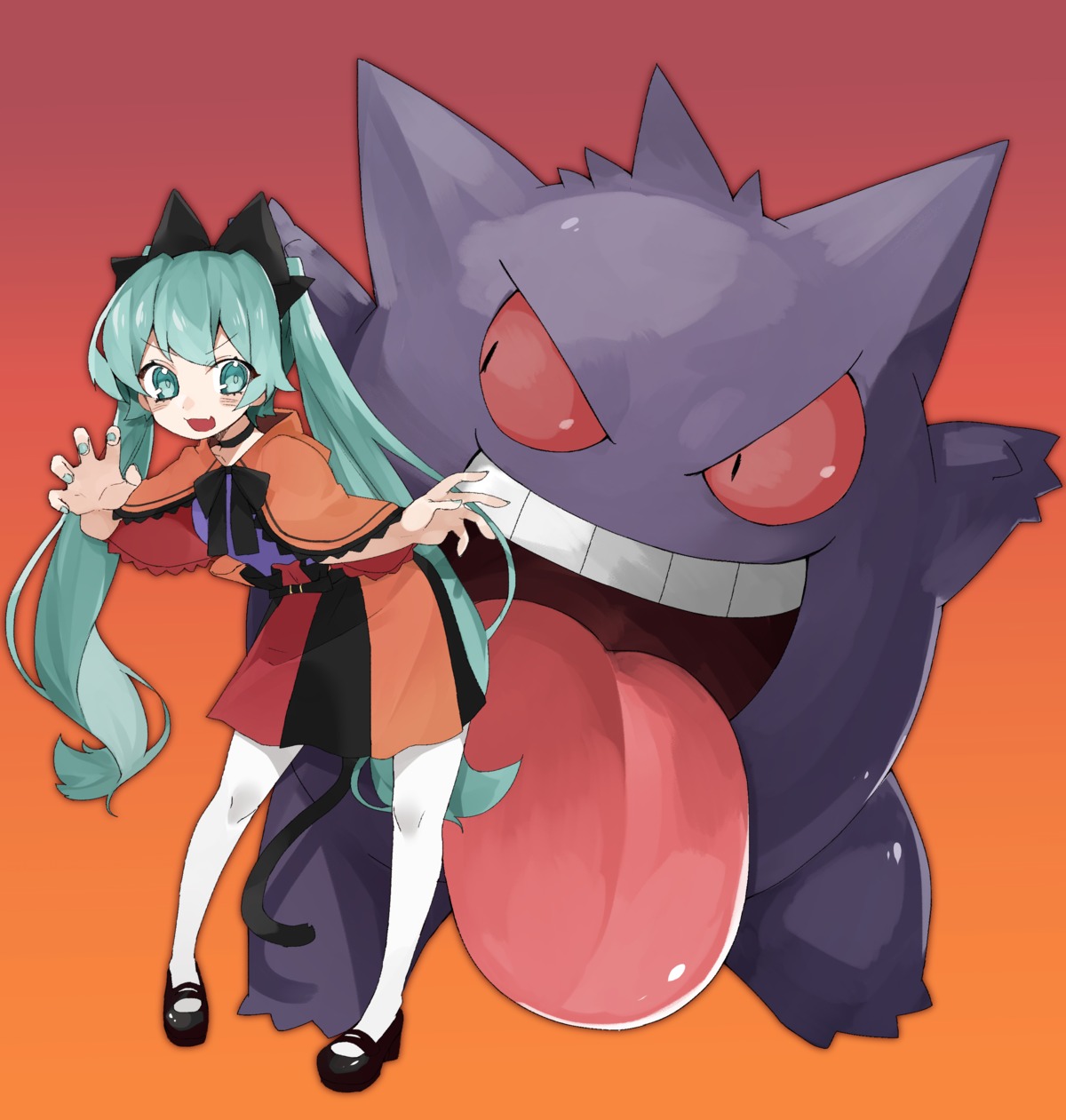 animal_ears, crossover, gengar, hatsune_miku, nekomimi, pantyhose, pokemon, reirou_(chokoonnpu)