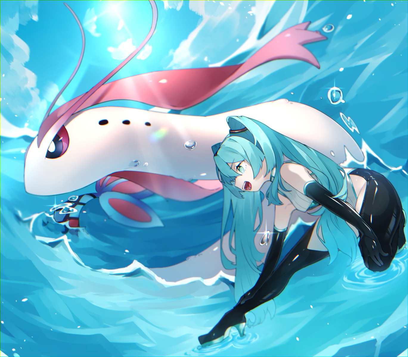 crossover, hatsune_miku, heels, leotard, milotic, pokemon, reirou_(chokoonnpu), vocaloid