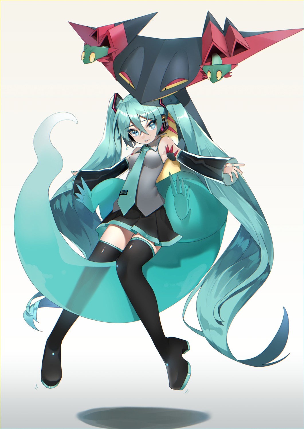 crossover, dragapult, dreepy, hatsune_miku, headphones, heels, pokemon, reirou_(chokoonnpu), thighhighs, vocaloid