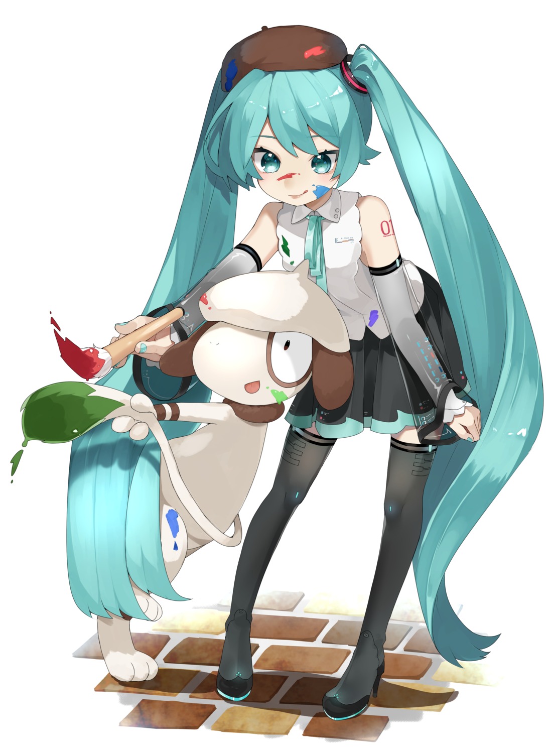 crossover, hatsune_miku, heels, pokemon, reirou_(chokoonnpu), smeargle, tattoo, thighhighs