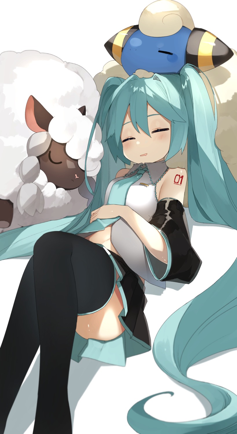crossover, hatsune_miku, mareep, pokemon, reirou_(chokoonnpu), skirt_lift, tattoo, thighhighs