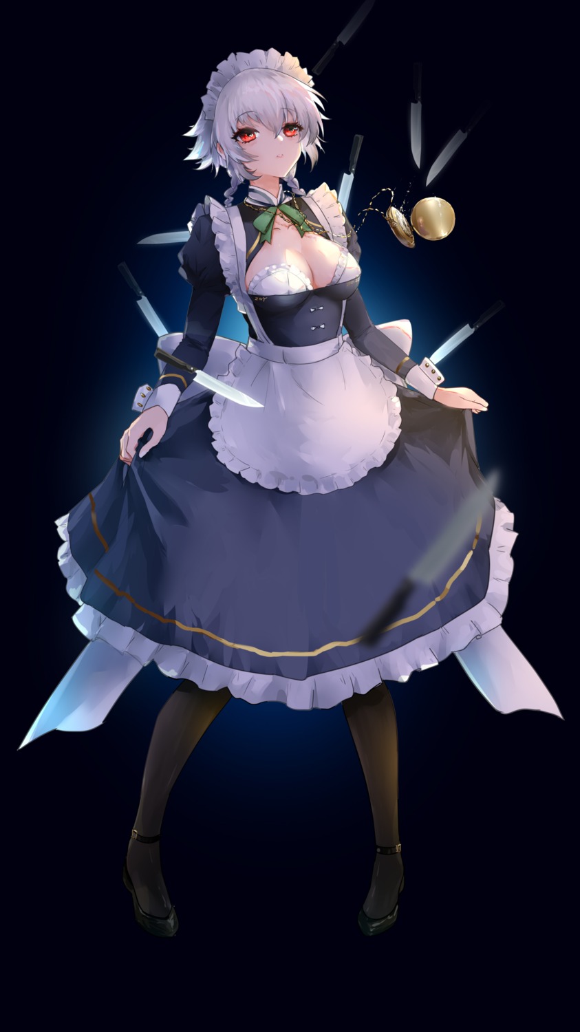 cleavage, izayoi_sakuya, maid, pantyhose, skirt_lift, touhou, weapon, zny