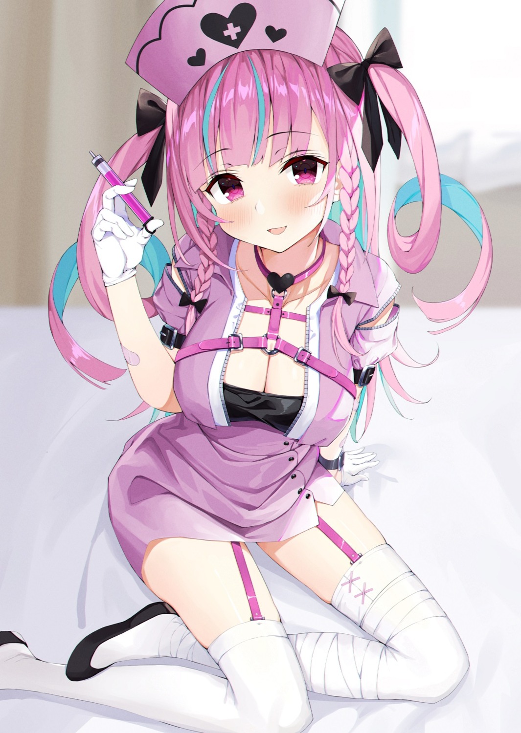 bandages, cleavage, hololive, minato_aqua, nogami_(minamiituki), nurse, stockings, thighhighs