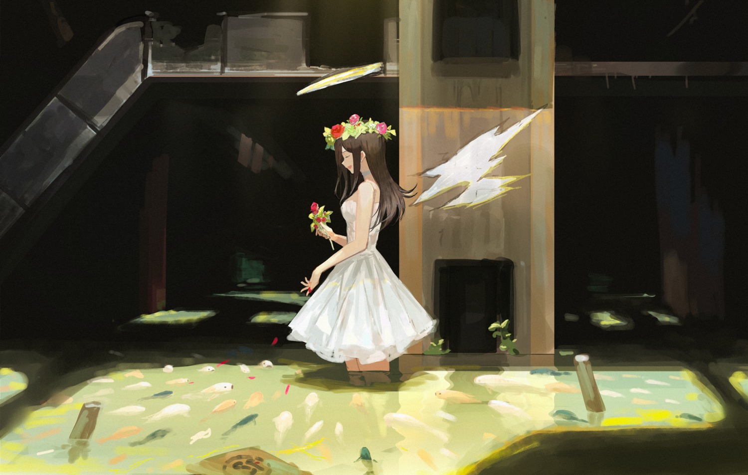 angel, dress, mek, wet, wings