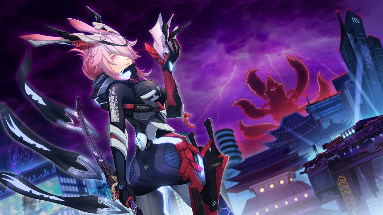 animal_ears, ass, benghuai_xueyuan, bodysuit, bunny_ears, honkai_impact, monster, songjo, sword, wallpaper, yae_kasumi, yae_sakura_(benghuai_xueyuan)