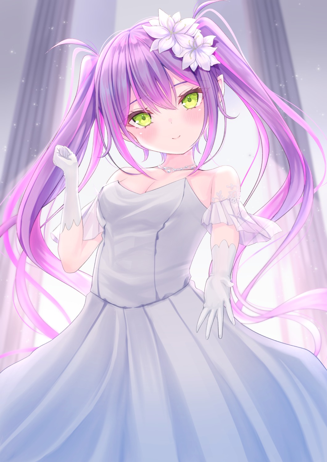 cleavage, dress, hololive, kitano_yukito, pointy_ears, tokoyami_towa, wedding_dress