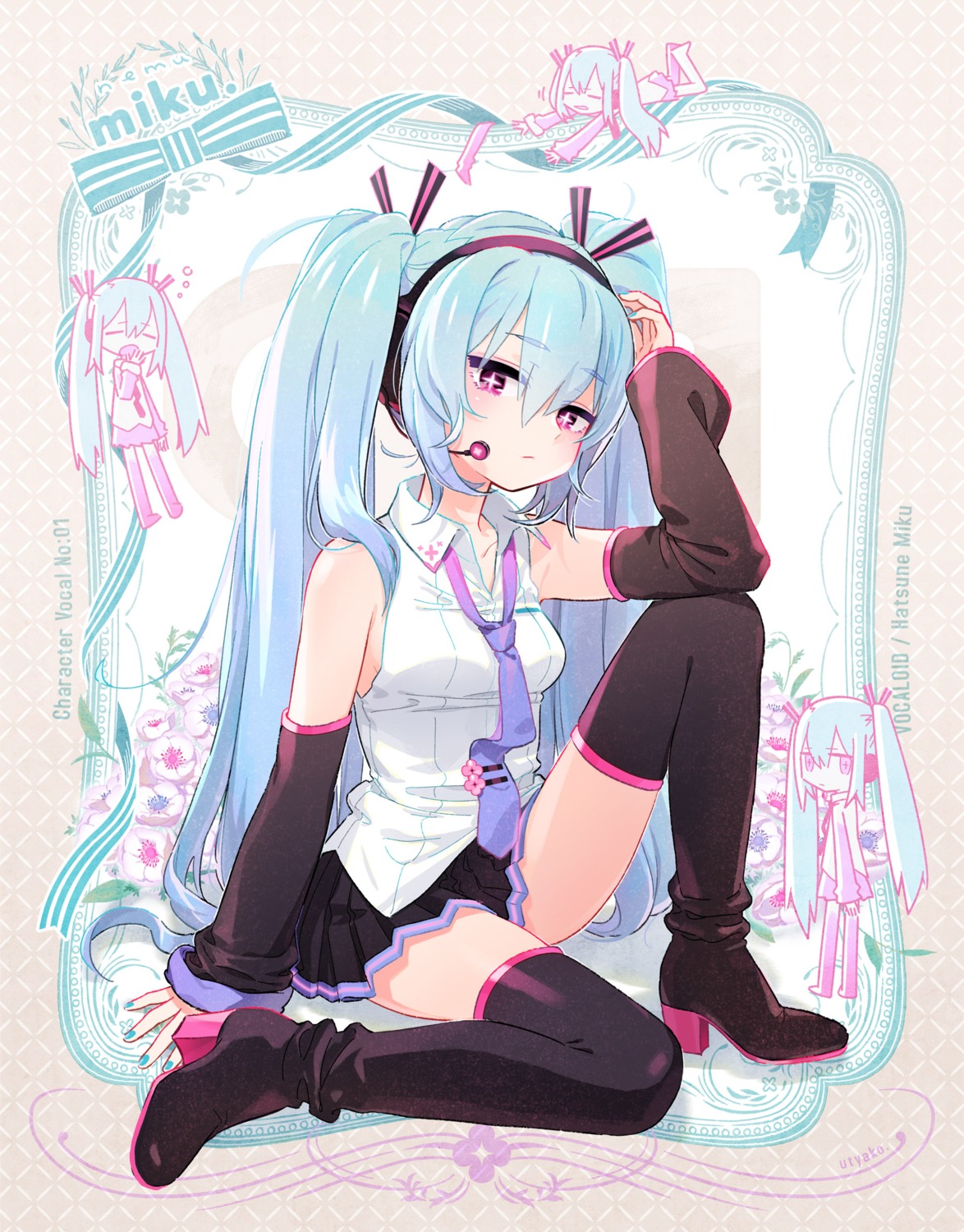 hatsune_miku, headphones, heels, skirt_lift, thighhighs, uchako, vocaloid