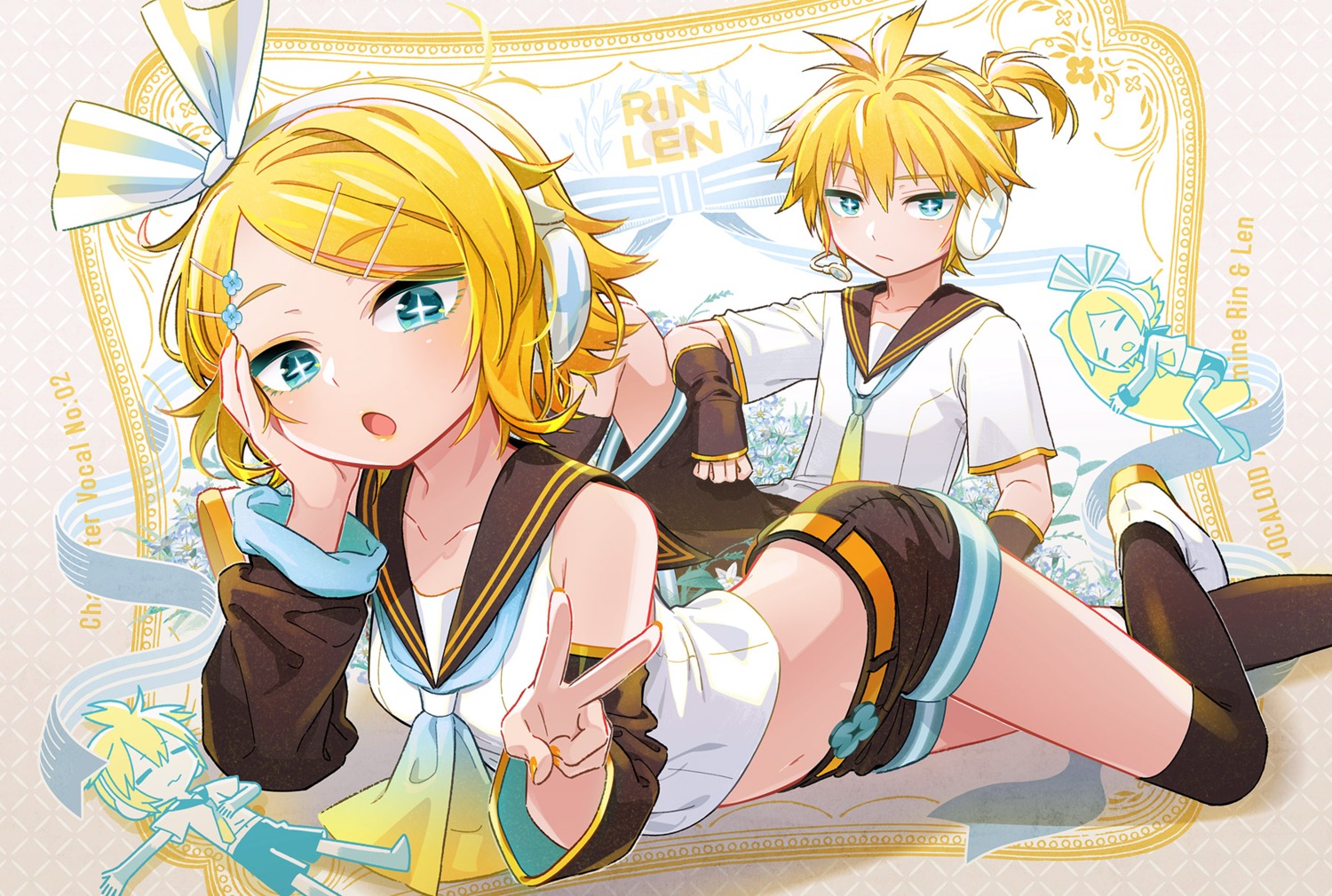 headphones, kagamine_len, kagamine_rin, seifuku, thighhighs, uchako, vocaloid