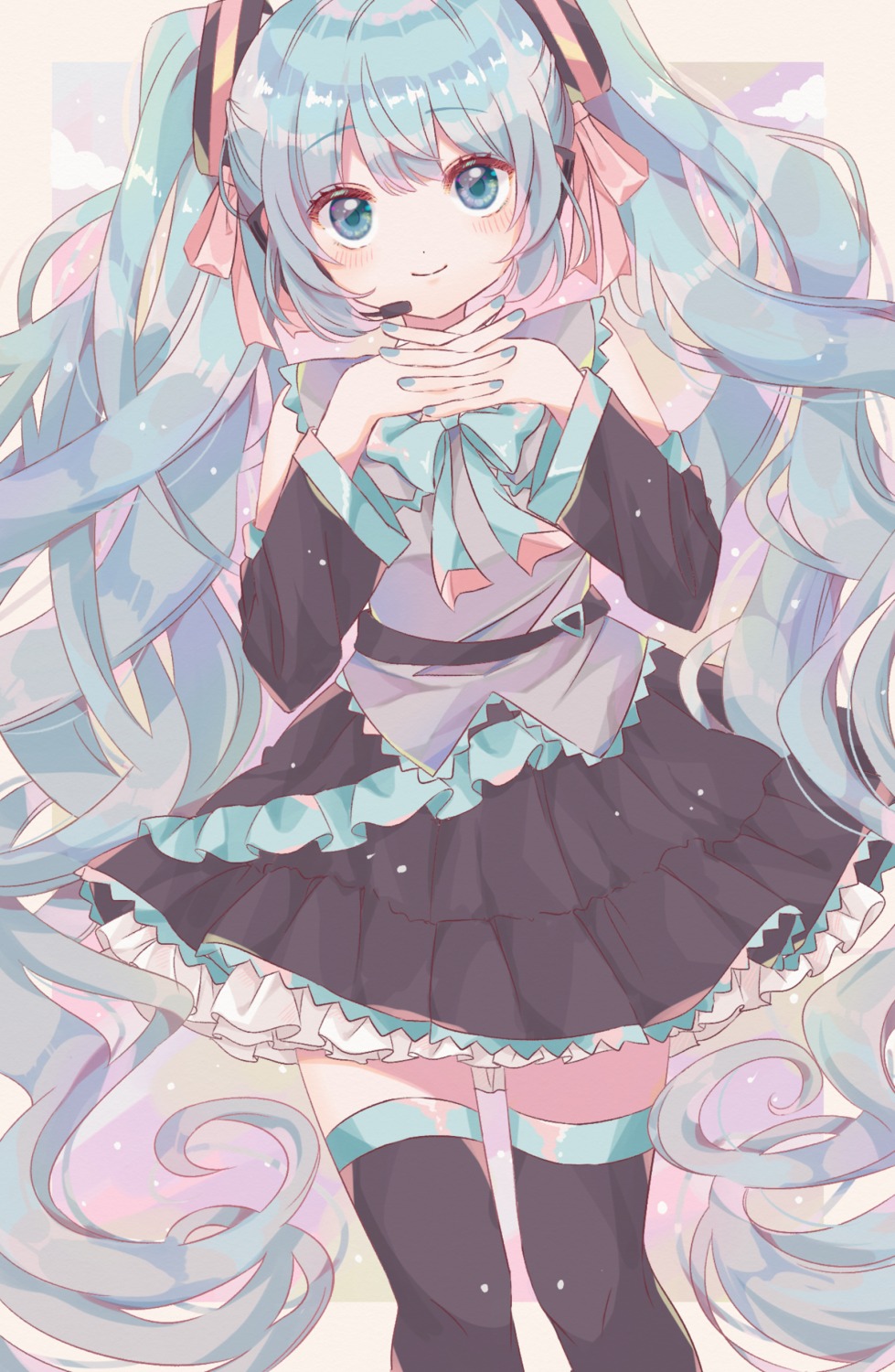 chibana_sora, hatsune_miku, headphones, thighhighs, vocaloid