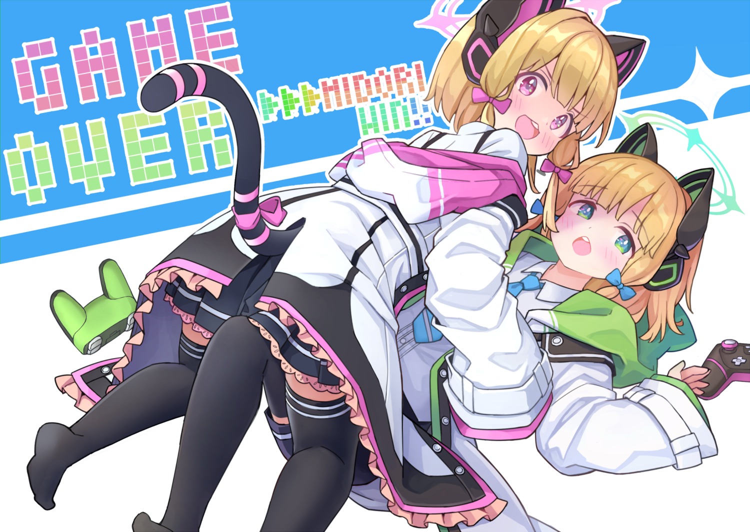 animal_ears, blue_archive, halo, headphones, nekomimi, nomio, saiba_midori, saiba_momoi