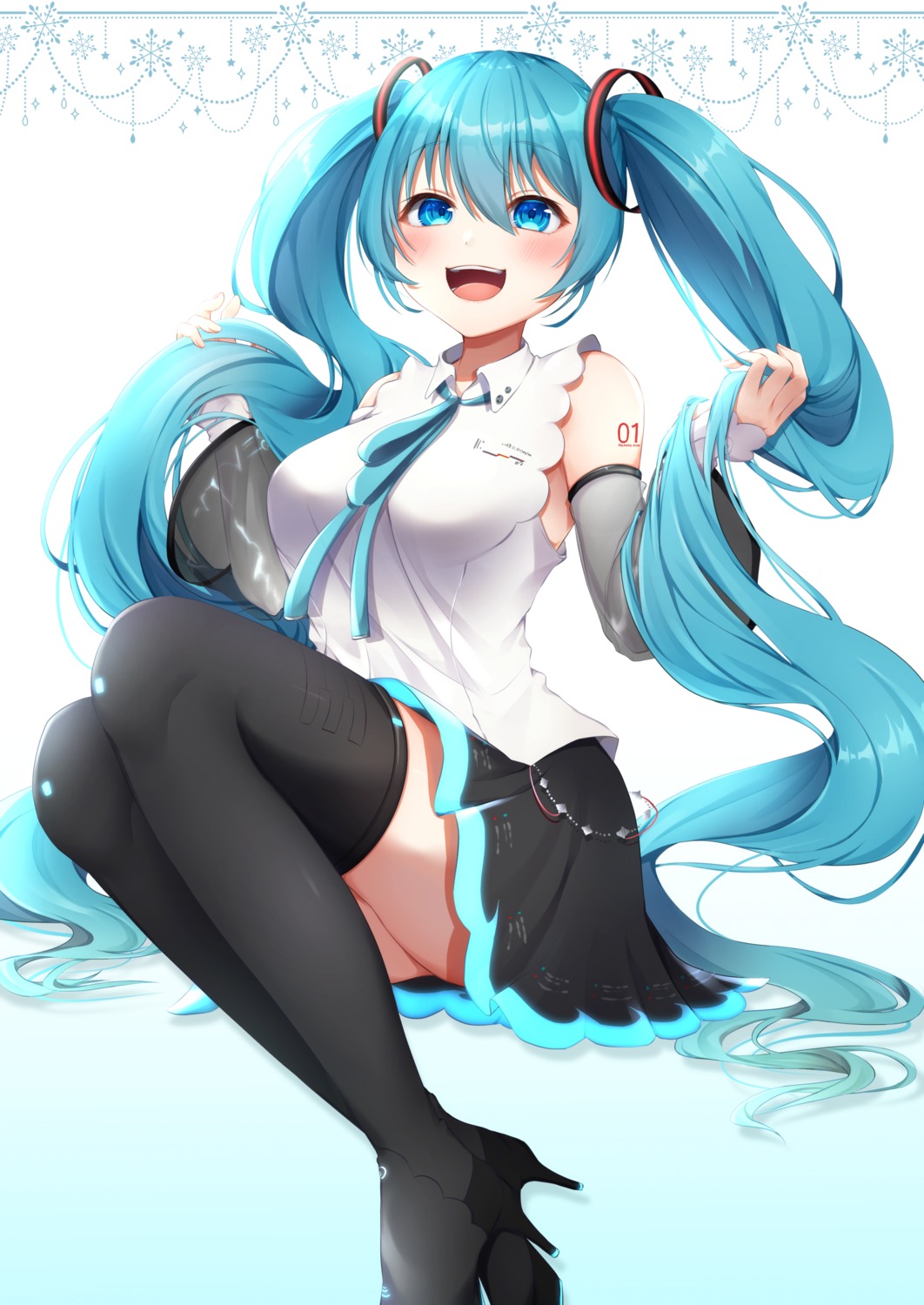aika_(1019-akari), hatsune_miku, heels, skirt_lift, tattoo, thighhighs, vocaloid