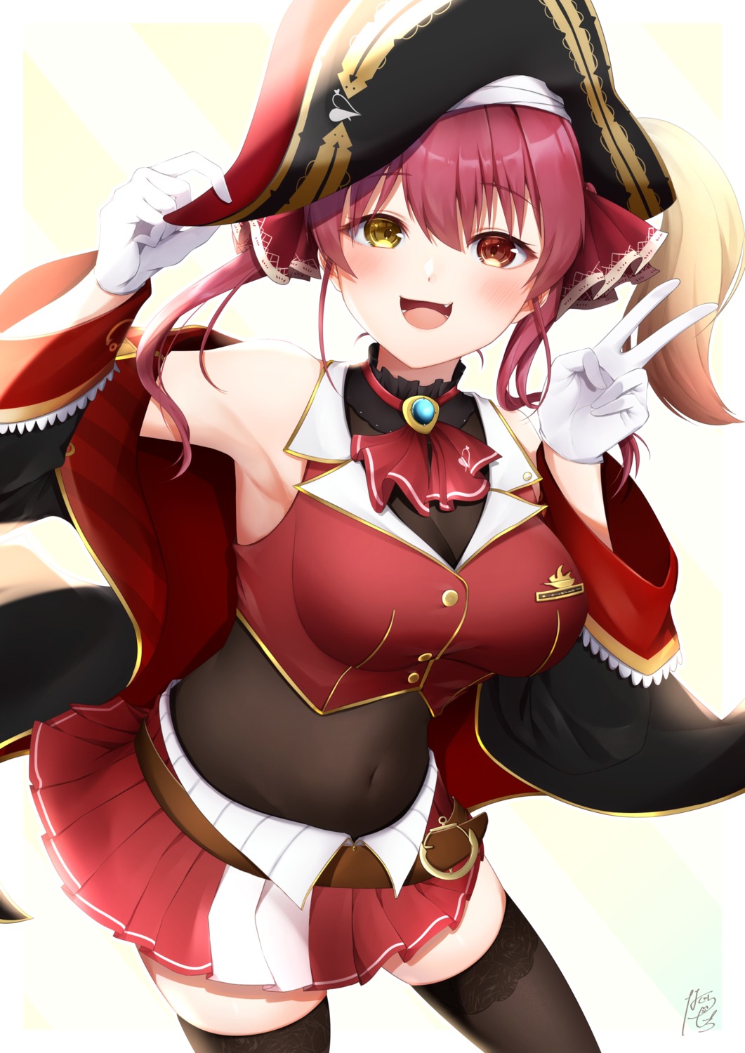 aika_(1019-akari), heterochromia, hololive, houshou_marine, pirate, skirt_lift, thighhighs
