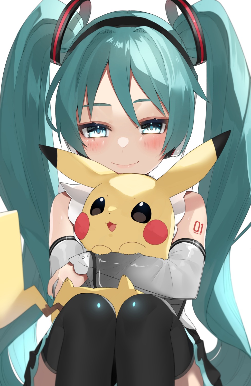 crossover, hatsune_miku, headphones, pikachu, pokemon, reirou_(chokoonnpu), skirt_lift, tattoo