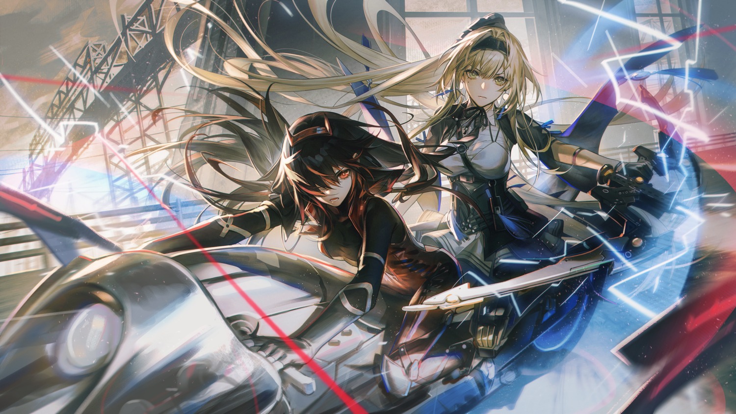 bandages, bianca_(punishing:_gray_raven), bodysuit, horns, lucia_(punishing:_gray_raven), nunok, punishing:_gray_raven, skirt_lift, weapon