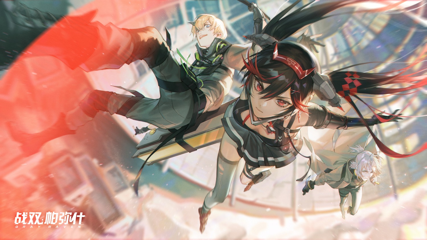 bandages, cleavage, garter, horns, kaumi_(punishing:_gray_raven), lucia_(punishing:_gray_raven), mecha_musume, nunok, punishing:_gray_raven, sword, thighhighs, watanabe_(punishing:_gray_raven), weapon