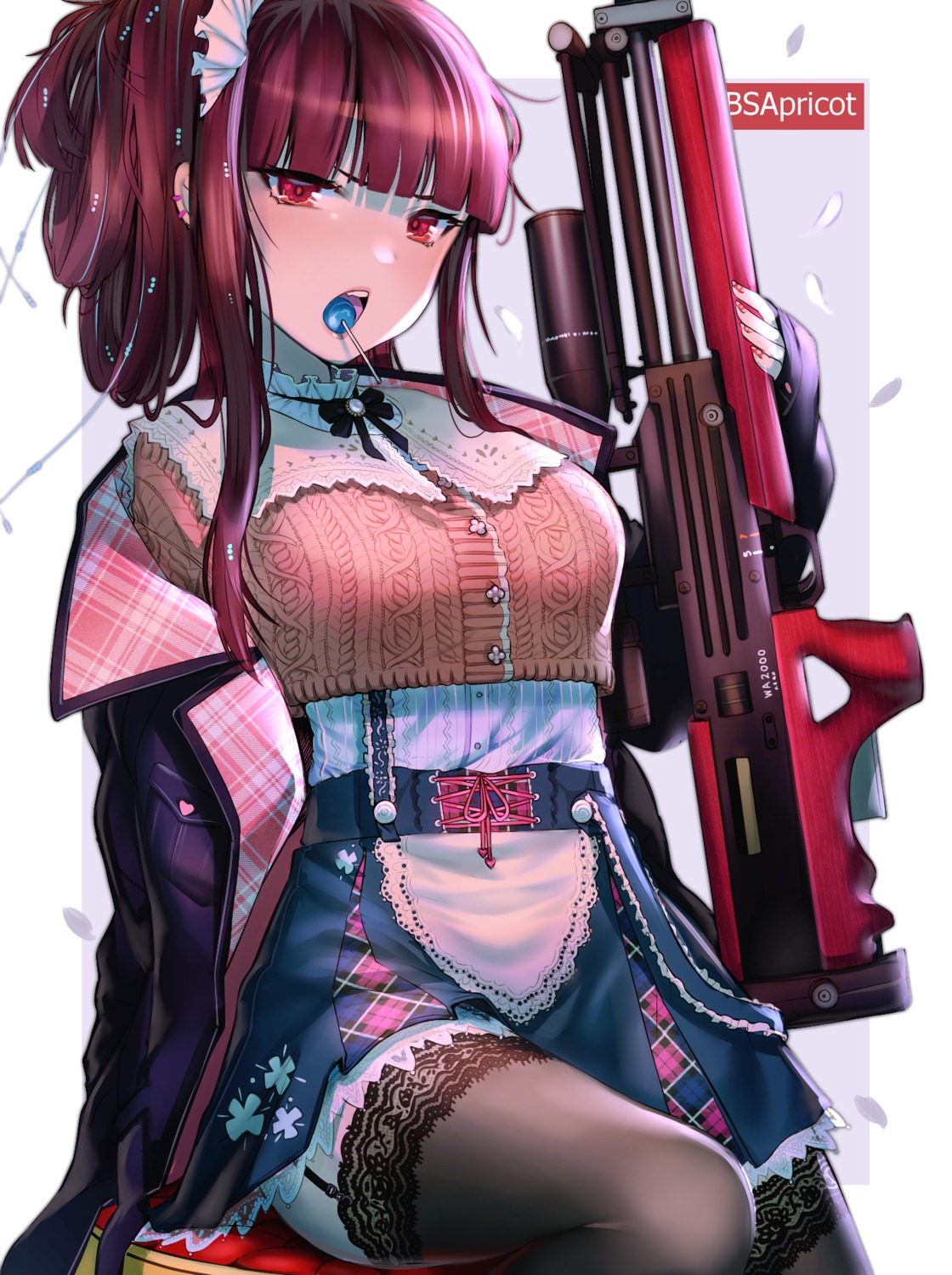bsapricot, girls_frontline, gun, skirt_lift, stockings, sweater, thighhighs, wa2000_(girls_frontline)