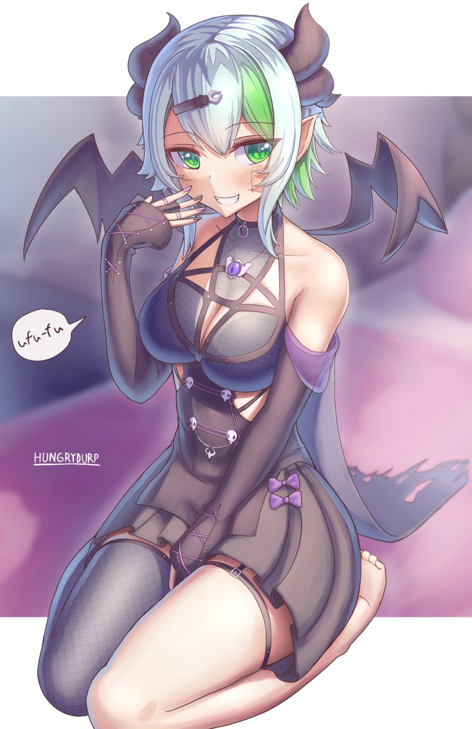 apricot_(froot), cleavage, fishnets, garter, horns, hungrydurp, pointy_ears, thighhighs