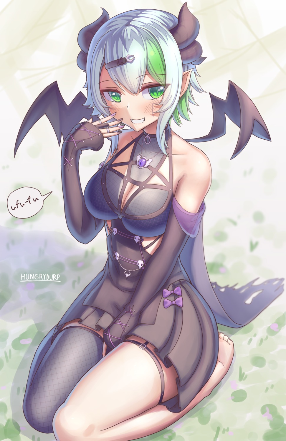apricot_(froot), cleavage, fishnets, garter, horns, hungrydurp, pointy_ears, thighhighs