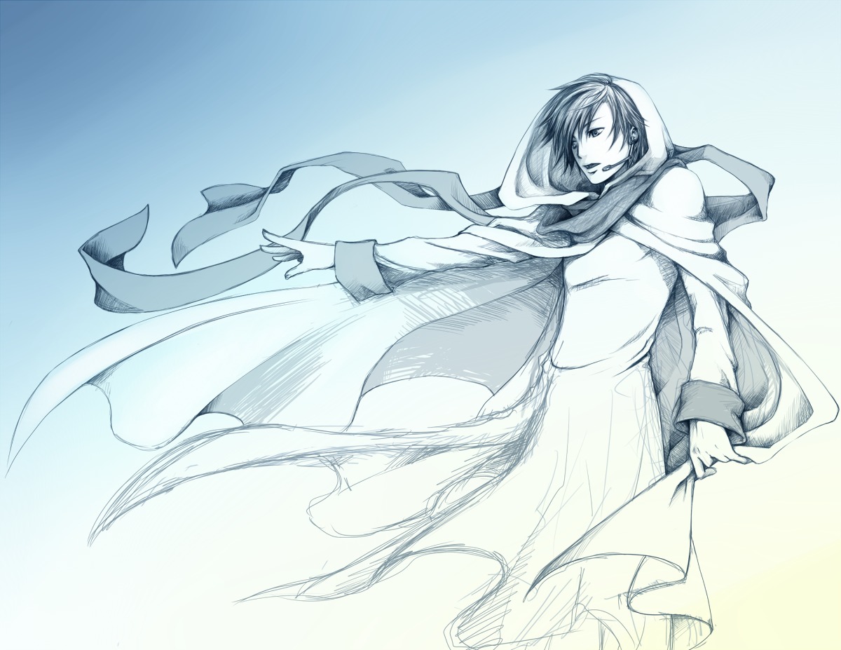 aoba, kaito, male, monochrome, sketch, vocaloid