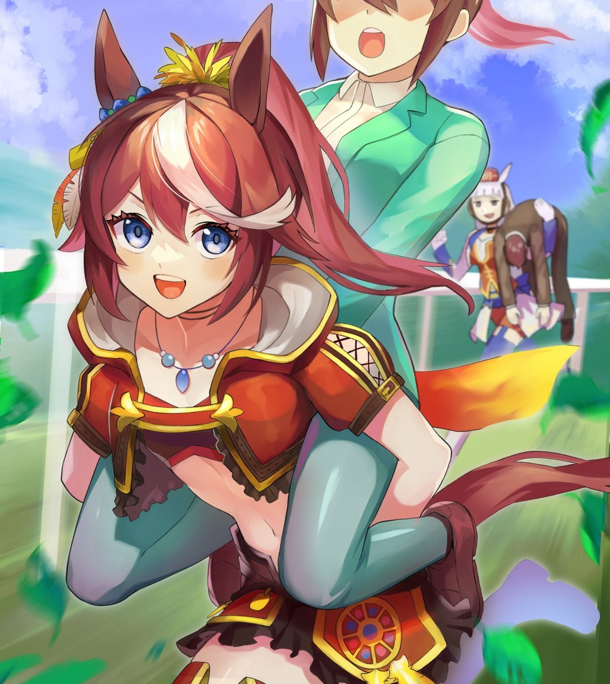 animal_ears, gold_ship_(umamusume), katwo, stockings, tail, thighhighs, tokai_teio_(umamusume), trainer_(umamusume)