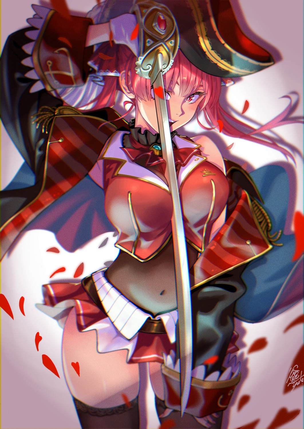 hololive, houshou_marine, pirate, sandal_master, skirt_lift, sword, thighhighs