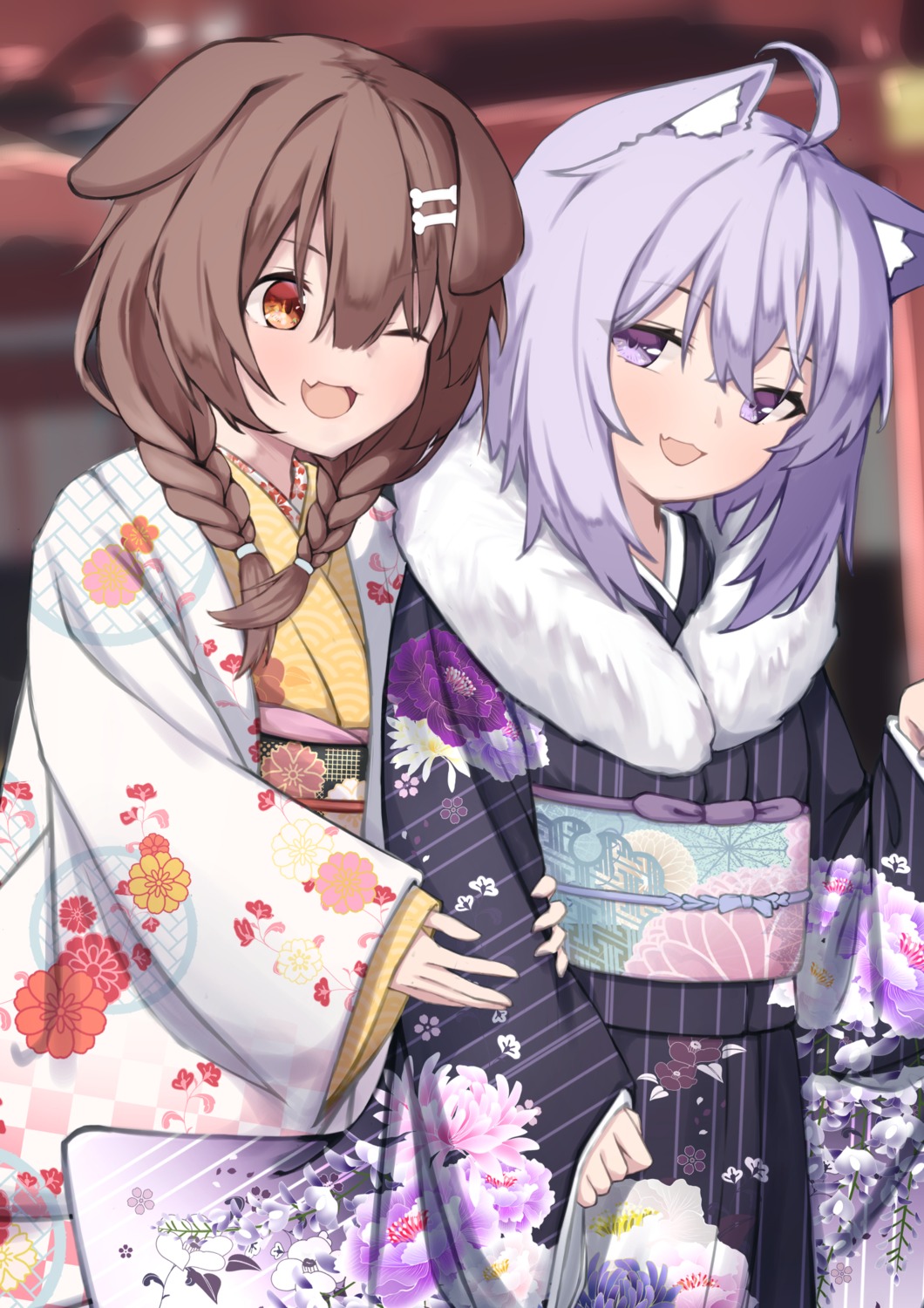 animal_ears, hololive, hololive_gamers, inugami_korone, inumimi, kimono, nekomata_okayu, nekomimi