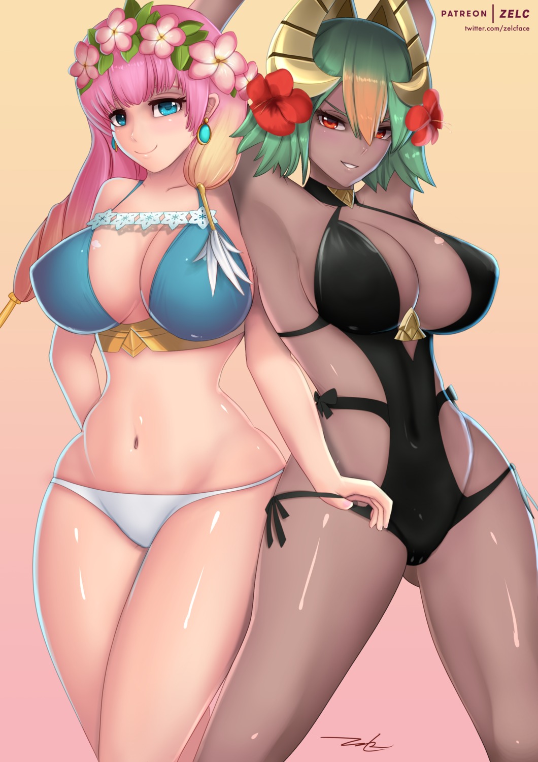 bikini, cleavage, fire_emblem, fire_emblem_heroes, gunnthra_(fire_emblem), horns, laegjarn, panty_pull, swimsuits, zelc-face