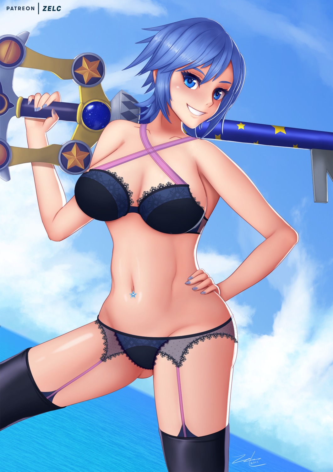 aqua_(kingdom_hearts), bra, cleavage, garter_belt, kingdom_hearts, kingdom_hearts_birth_by_sleep, pantsu, stockings, thighhighs, weapon, zelc-face
