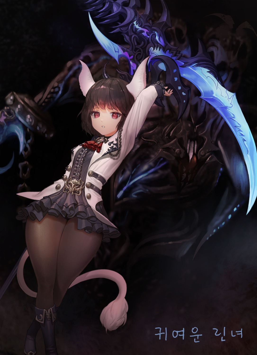 animal_ears, blade_&_soul, gg_amang, lyn_(blade_&_soul), pantyhose, tail, weapon