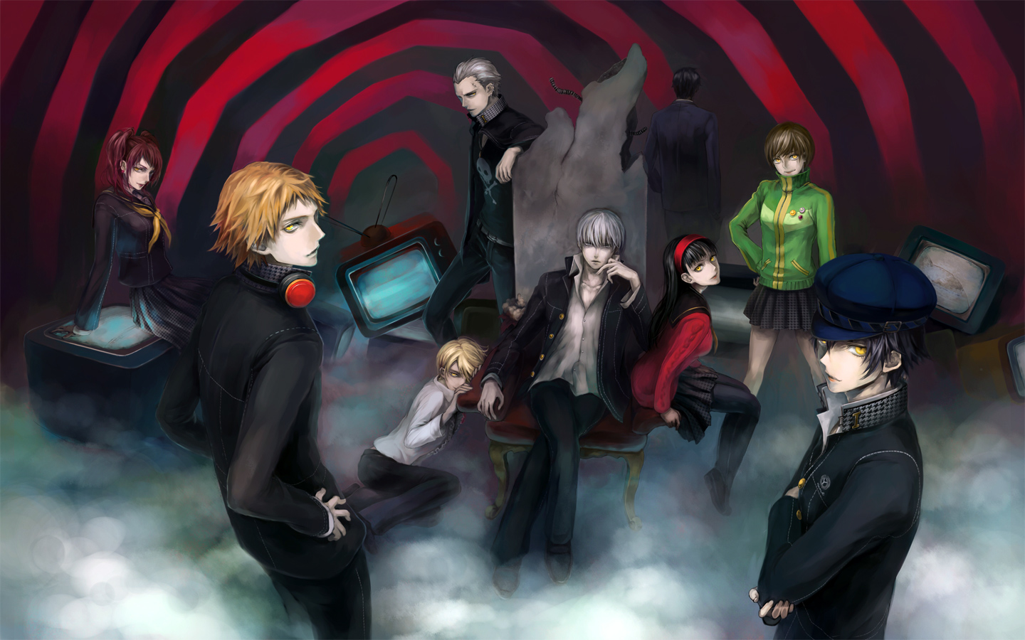 hanamura_yousuke, joka, kujikawa_rise, kuma_(persona_4), megaten, narukami_yuu, persona, persona_4, satonaka_chie, seifuku, shirogane_naoto, tatsumi_kanji, wallpaper