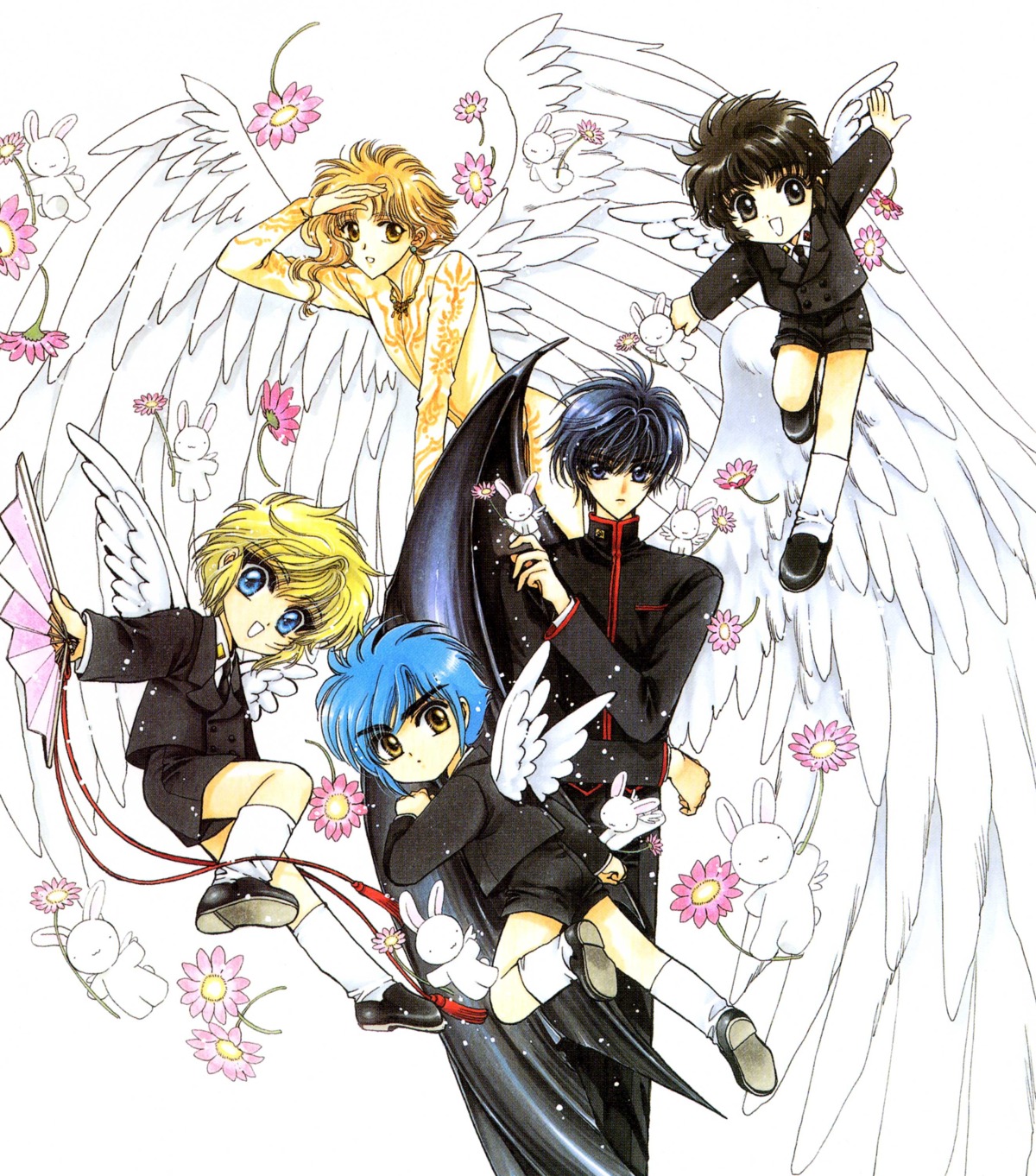 clamp, clamp_school_detectives, ijuuin_akira, imonoyama_nokoru, kohaku_(wish), shirou_kamui, takamura_suou, usagi_(wish), wings, wish, x