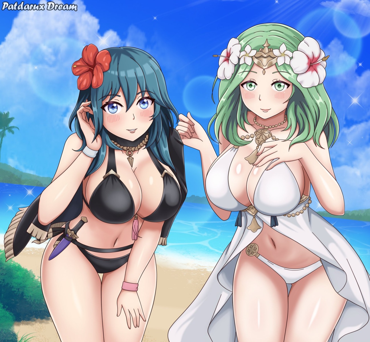 bikini, byleth_(fire_emblem), cleavage, fire_emblem, fire_emblem_heroes, fire_emblem_three_houses, patdarux, rhea_(fire_emblem), swimsuits, weapon
