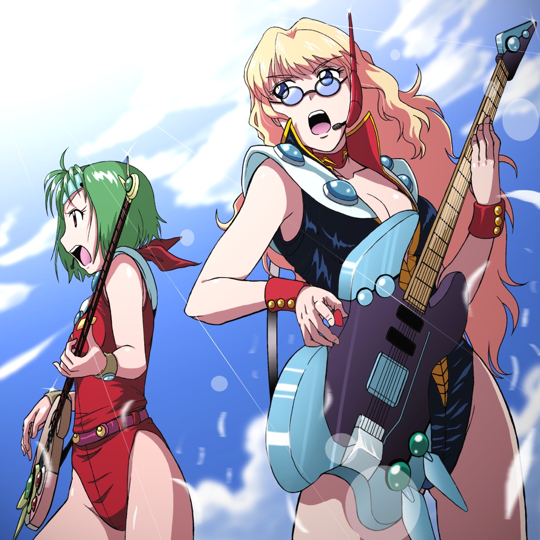 cleavage, cosplay, guitar, kakki, leotard, macross, macross_7, macross_frontier, megane, ranka_lee, sheryl_nome